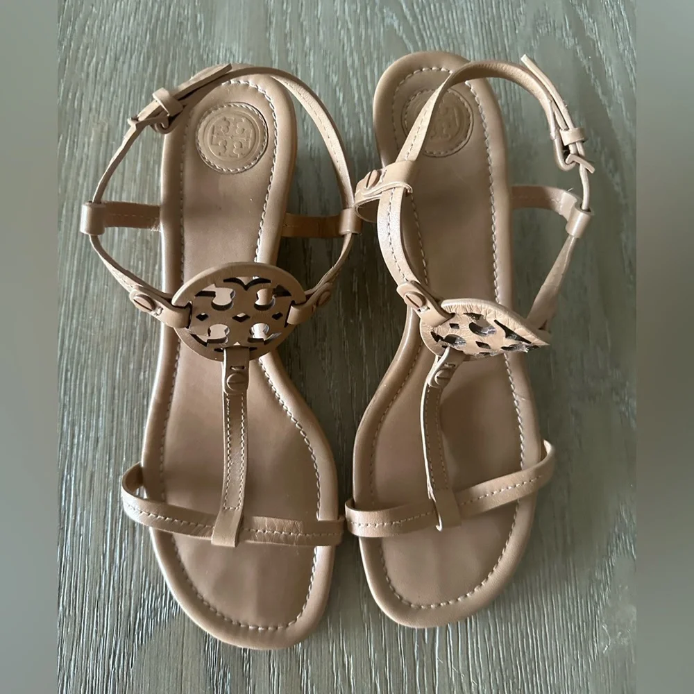 Tory Burch Tan Leather Logo Wedge Sandals - Picture 8 of 8